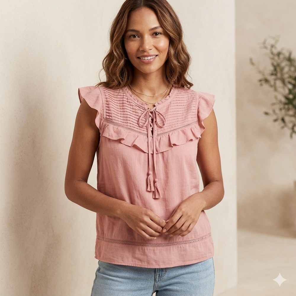Banana Republic Pintuck Flutter Sleeve Top Sleeveless Ruffle Pink Small